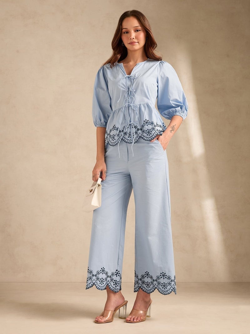 OUTZIDR Blue Contrast Schiffli Regular Fit Shirt With Trouser - Image 1